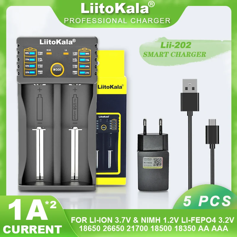 

Liitokala Lii-202 1.2V 3.85V 3.7V 3.2V 18650 18350 18500 21700 26650 14500 AA AAA NiMH Rechargeable Lithium-Battery Charger