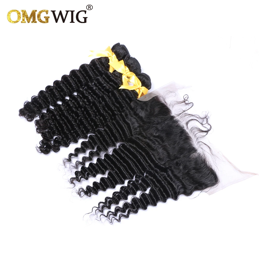 Deep Wave Natural Color Hair Bundles With 13x4 Base Closures Brazilian Human Hair Free Part Bleached Knots Transparent Lace