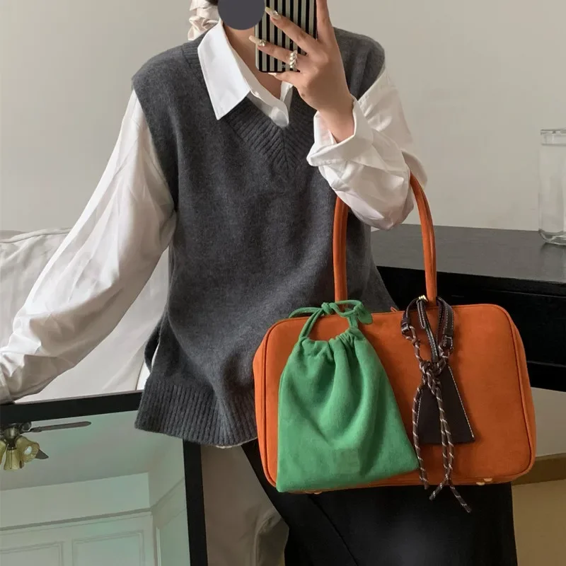 2024 Trend Suede Women Top-Handle Handbag High Quality Tote Purse Large Capacity Commuting Shoulder Bag Solid Casual Satchel Bag