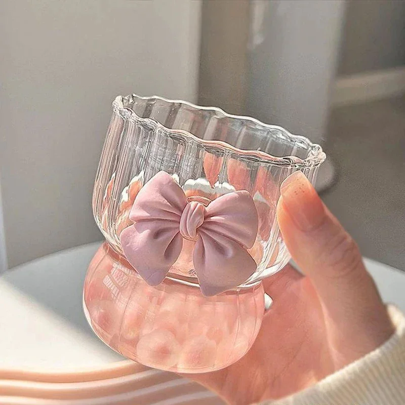 Pink Bow Glass Cups Cute Clear Striped Water Cups Creative Coffee Mug Household Fruit Tea Juice Glassware Home Supplies