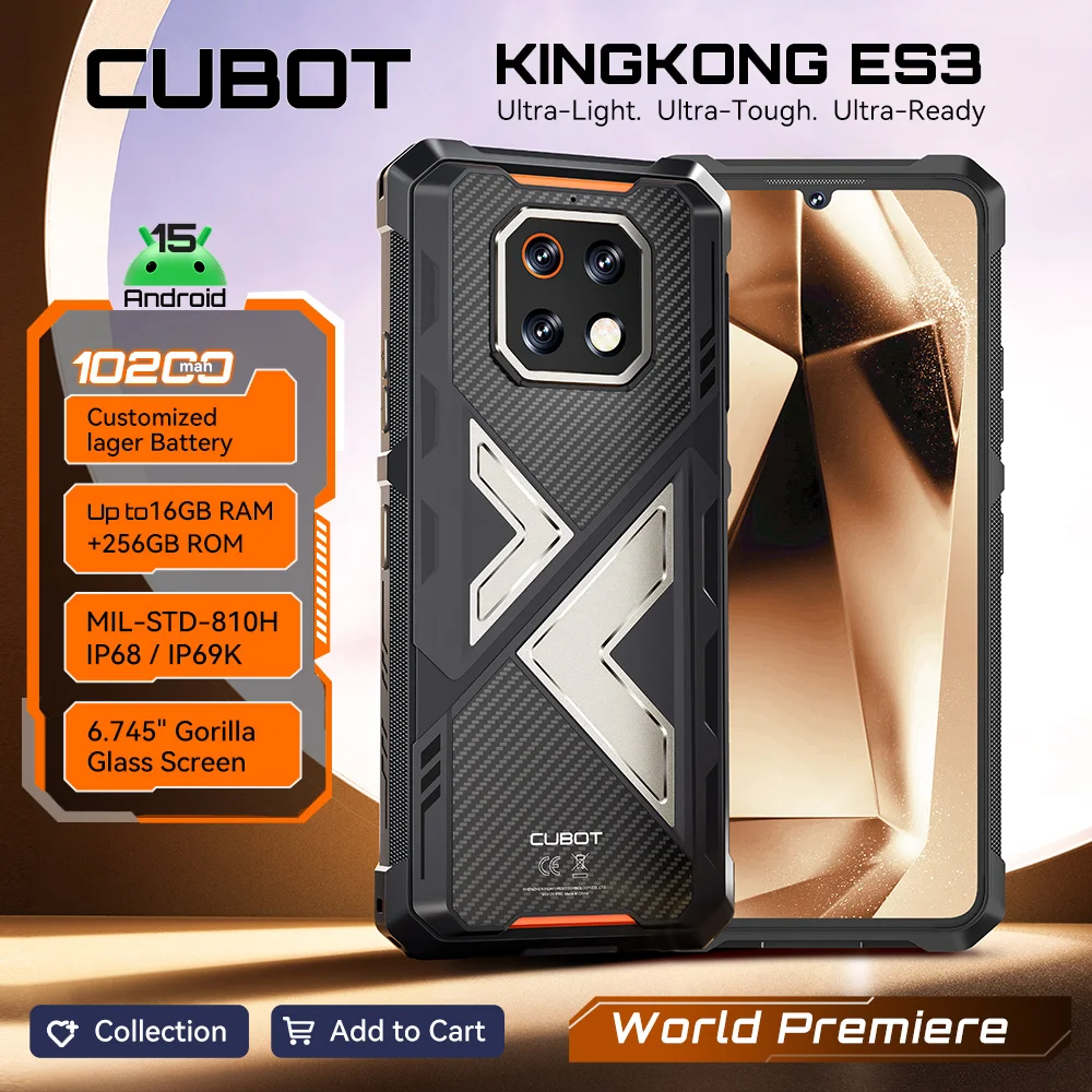 Thin Rugged Smartphone Android 15 Cubot KingKong ES 3, 10200mAh Battery, 16GB RAM(6+10), 256GB ROM, 6.745-Inch 120Hz Screen, NFC