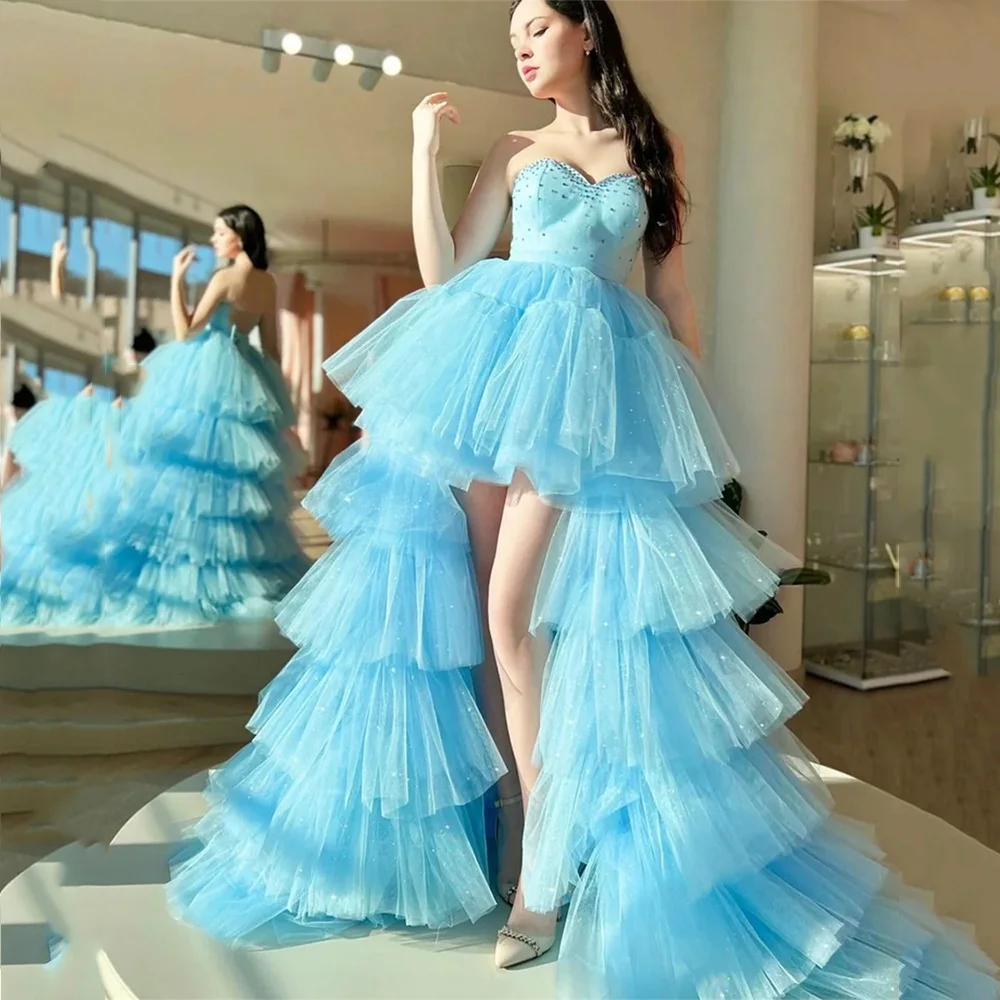 

Sweetheart Neck Tulle Skirt Prom Gown Sleeveless Tiered Backless Evening Party Dresses Illusion فساتين السهرة 2023 جديده
