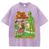 Cartoon Alien Classic Communication Print Women T-shirt Breathable Cotton Short Sleeve Washed Vintage Worn Out Female T Shirts - Image 3