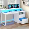 55" Computer Desk with Power Outlets & LED Lights Home Office Desk Writing Table 1