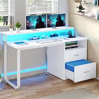 55" Computer Desk with Power Outlets & LED Lights Home Office Desk Writing Table 1