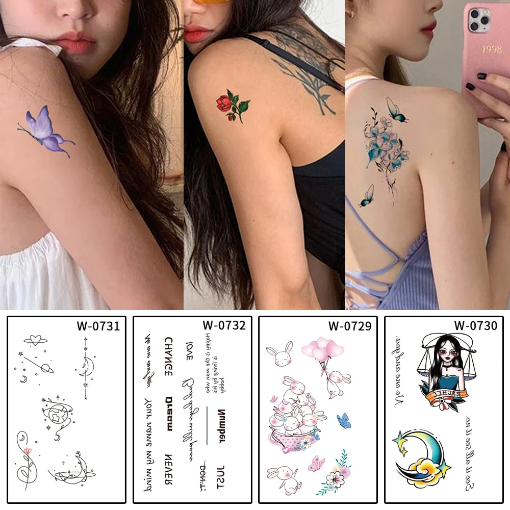 

Small Waterproof Temporary Tattoo Sticker Colorful Feather Flower Leaves Planet Moon Women Body Art Wrist Neck Fake Tattoos Men