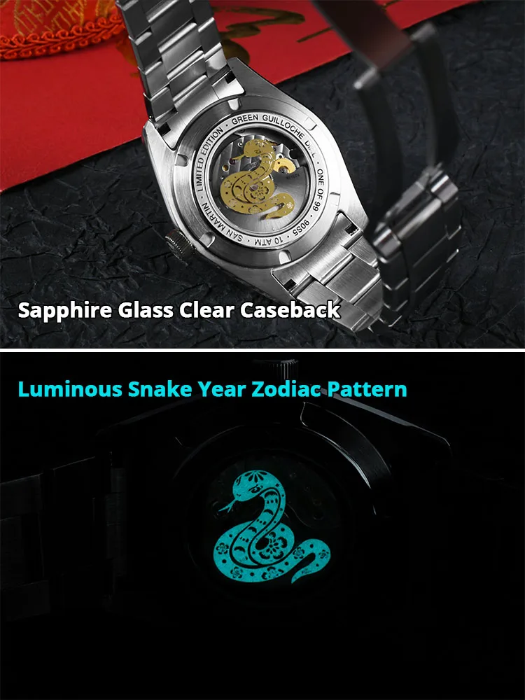 San Martin 2025 Guilloche Dial Snake Year Limited 39mm Miyota 90S5 Clear Caseback Men Automatic Mechanical Watch Luminous SN0144 4