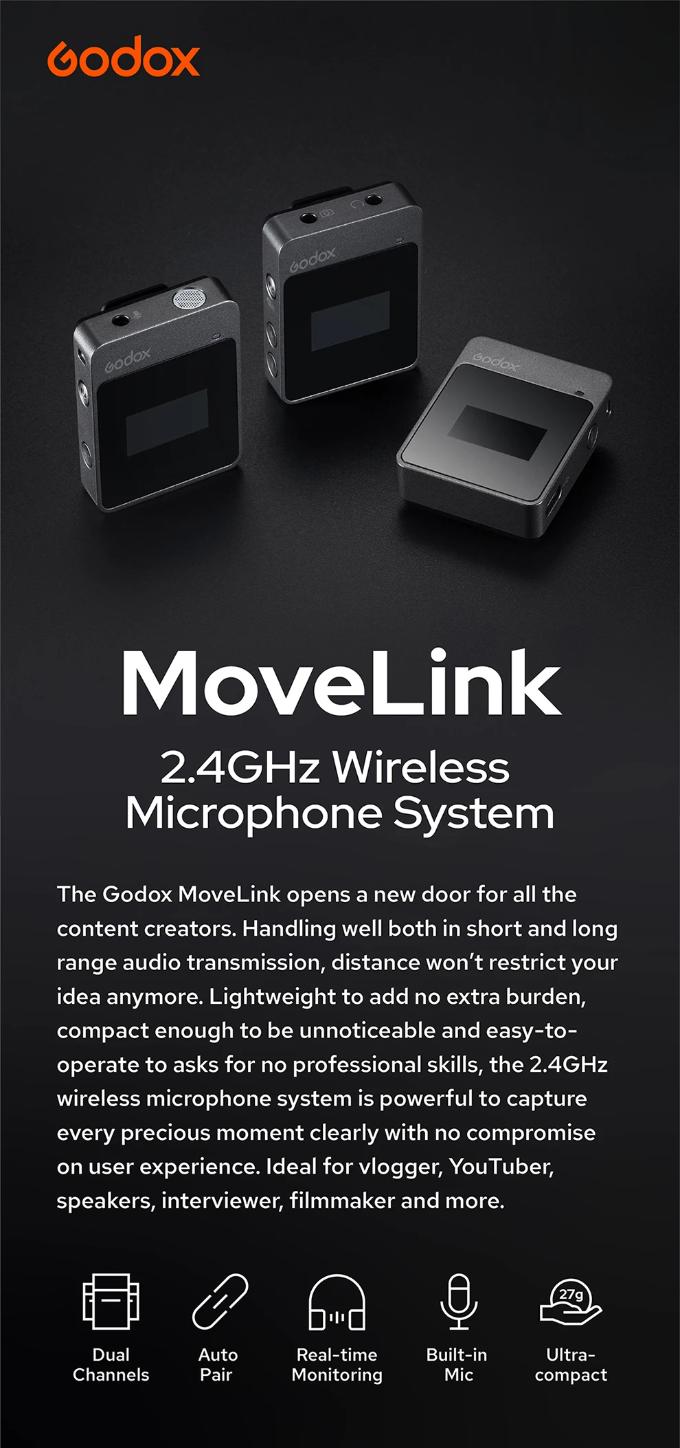 Description Picture 2 of itemGodox MoveLink M2 2.4GHz Wireless Lavalier Microphone for DSLR Cameras Camcorders Smartphones, and Tablets for YouTube