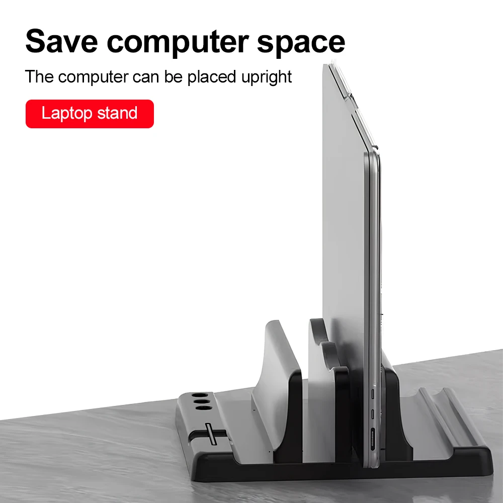 Supporto per laptop verticale in ABS per ufficio, salva spazio sul desktop, facile da posizionare, accessori per computer, larghezza regolabile, organizer da scrivania. - immagine 3