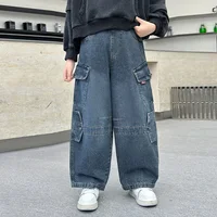 ربيع الخريف الاطفال فضفاض مستقيم فضفاض البضائع الجينز مع جيب لصبي التصميم الكلاسيكي الأزرق الدنيم السراويل الأطفال بناطيل كاجوال 6