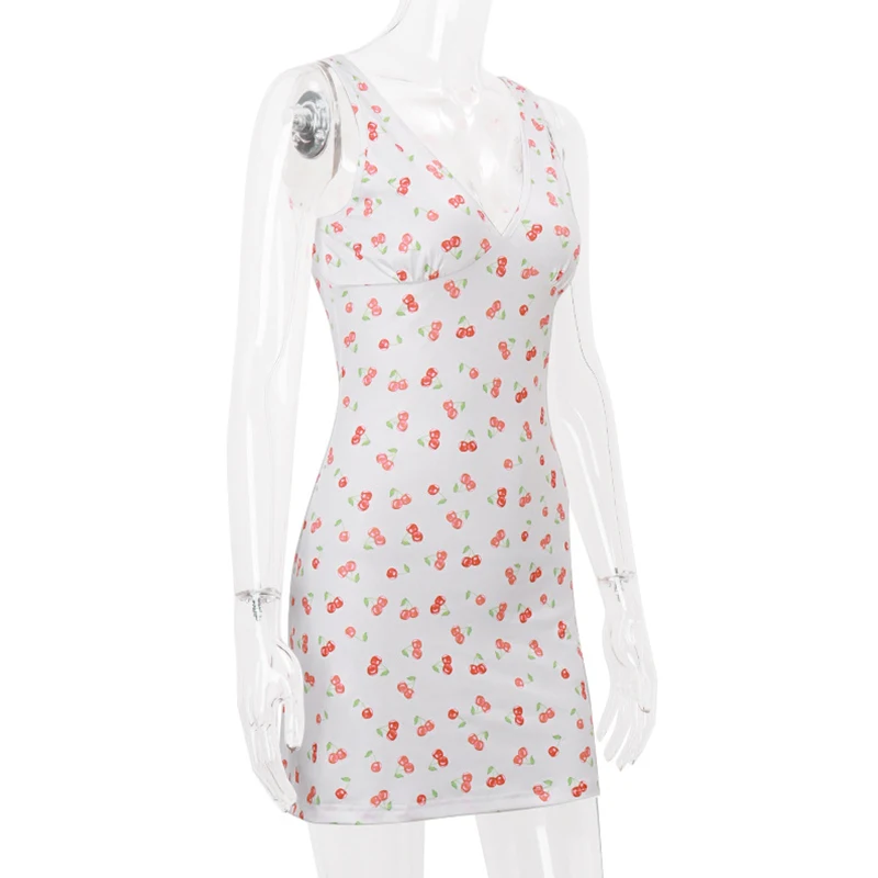 Summer Mini Dress Women Aesthetic Clothes Cherry Print V Neck Sleeveless A Line Short Dress y2k Club Party Dresses