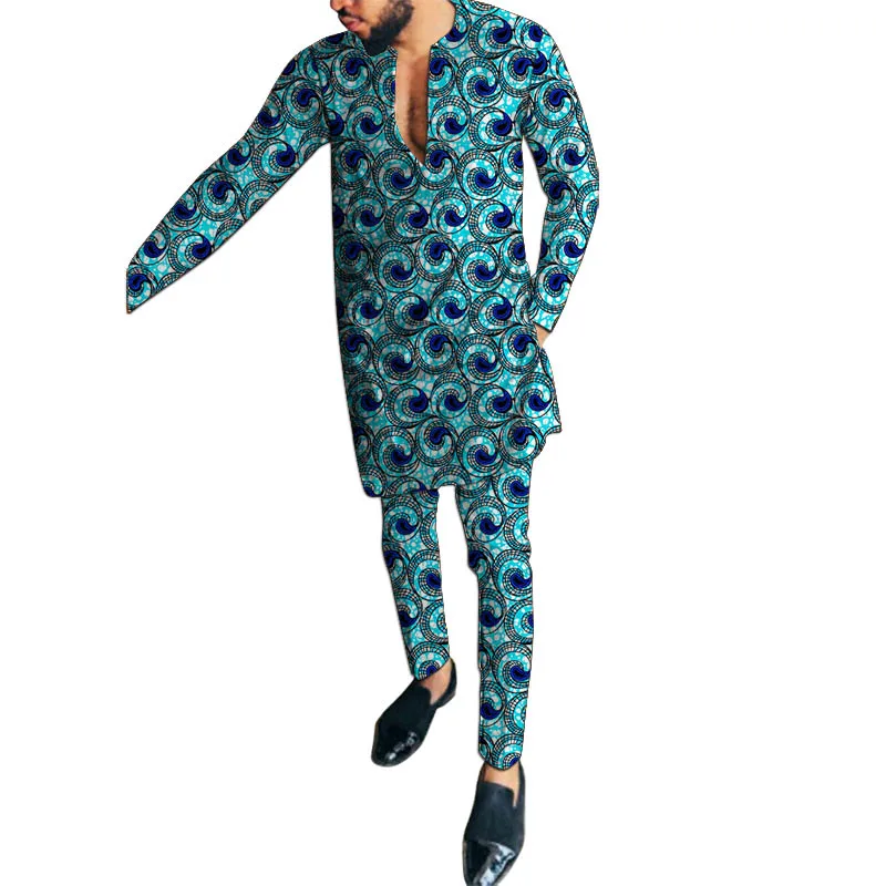 

Trendy African Print Men's Groom Suit V Neck Tops Male Nigerian Fashion Pant Sets Wedding Party Outfits