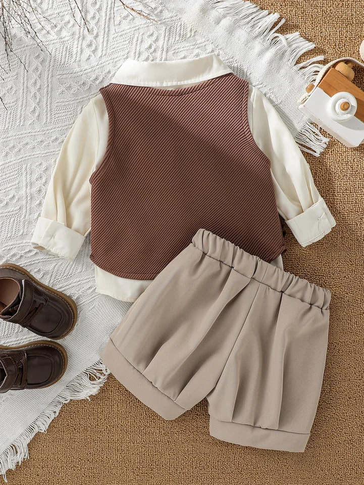 Infant Autumn English-Style Suit with Vest and Long Sleeve Three-Piece Set for 1-Year-Old Boy’s Formal Wear