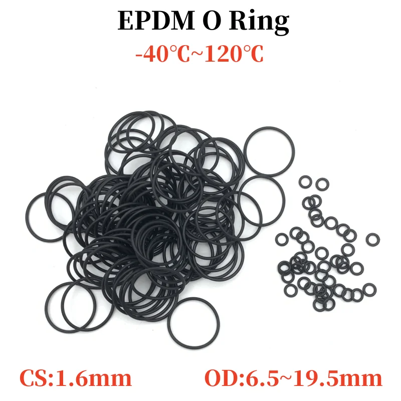 

50Pcs EPDM o Rings CS 1.6mm OD 6.5 ~ 19.5mm Acid and Alkali Resistance Water Resistance Friction Resistance o-ring Black