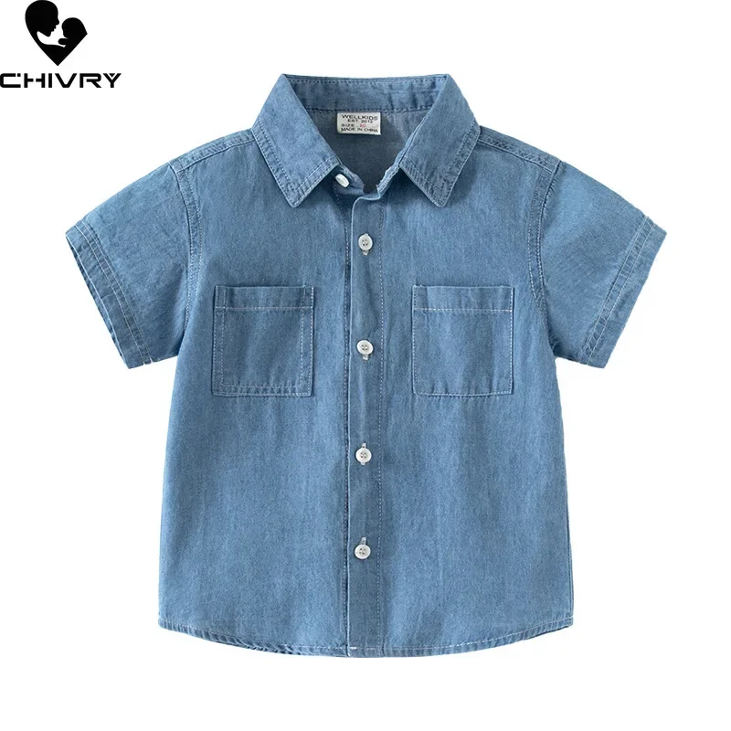 Boys Classic Denim Shirts New 2024 Summer Kids Fashion Short Sleeve Lapel Pockets Denim Shirt Tops Children Casual Clothing