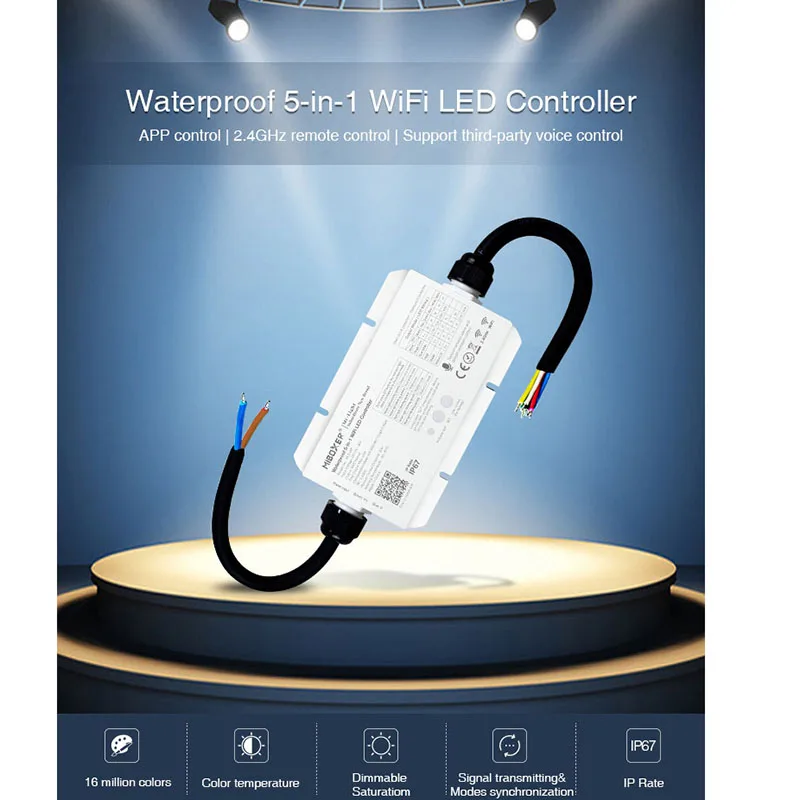 

Miboxer Waterproof WiFi 5 in 1 LED Controller 12V 24V 2.4G Remote control for Single Color/CCT/RGB/RGBW/RGB+CCT Led strip Lamp