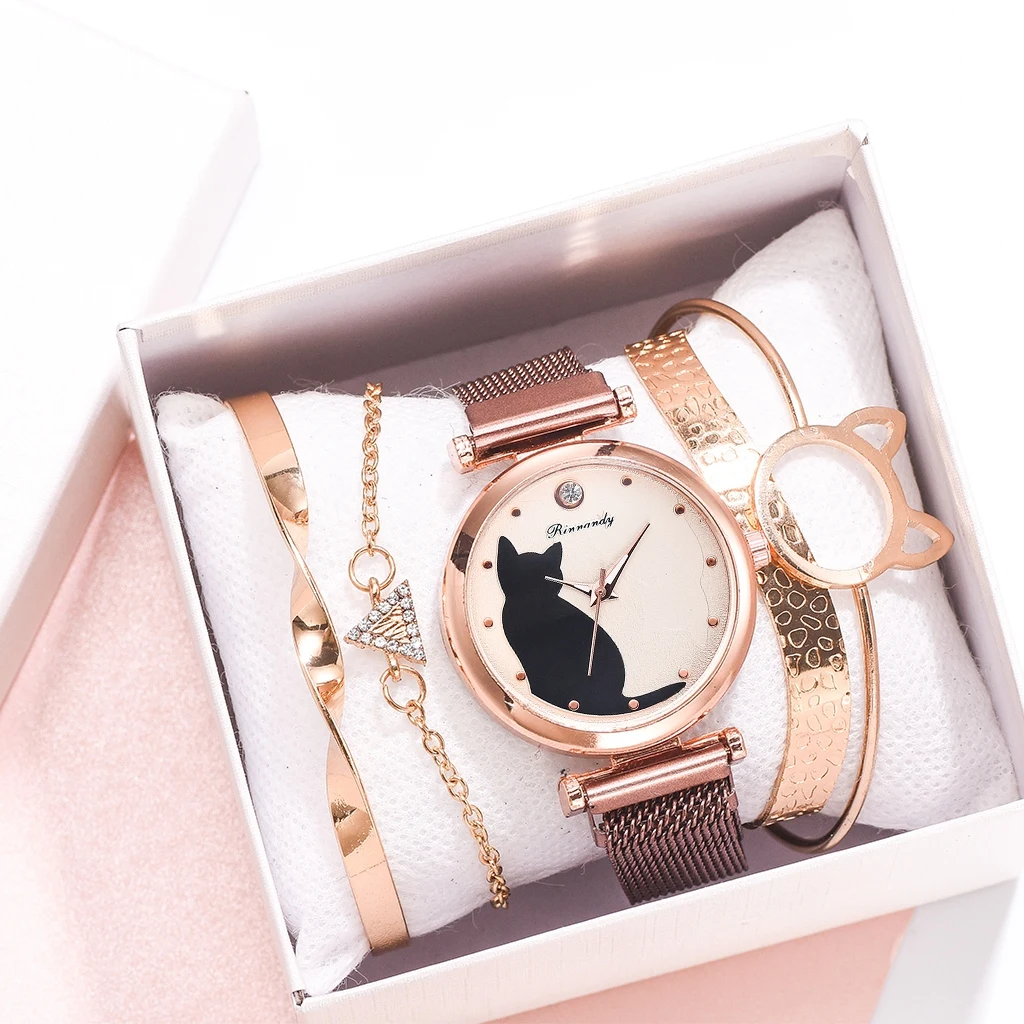 цена Fashion Watch Set Women 5pcs Quartz Wristwatch Mesh Bracelet Cat Dial Luxury Woman Watch Casual Ladies Clock Relogio Femenino