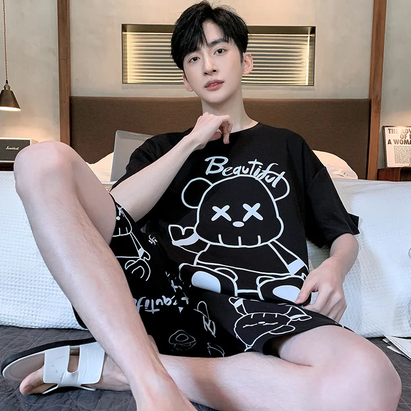 Pure Cotton Fabric Summer Pajamas Men Crew Neck Casual Short Sleeve Shorts Loose Cartoon Bear 2 Piece Set Sleepwear