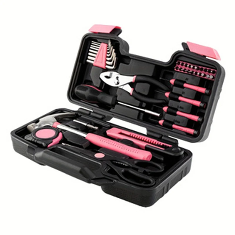 39Pcs Household Repair Tool Kit Multipurpose Pink Home Hand Tool Set with Storage Case Durable Hammer and Screwdriver Set