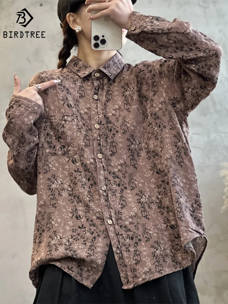 

Женская хлопковая рубашка с отложным воротником, длинным рукавом и цветочным принтом