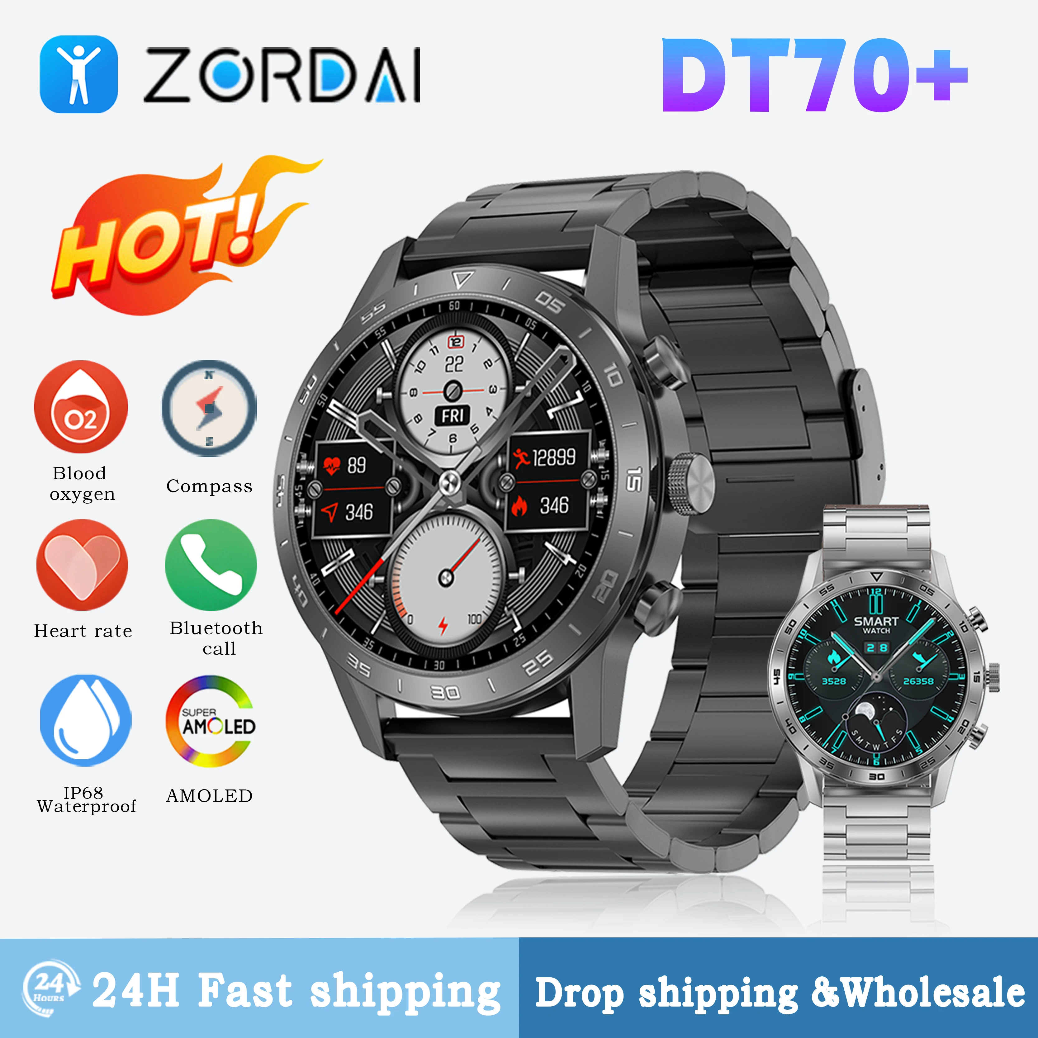 Умные часы Zordai DT70 + Plus из нержавеющей стали, деловые наручные часы для фитнеса, круглый экран 1,45 дюйма, Bluetooth, Смарт-часы для мужчин