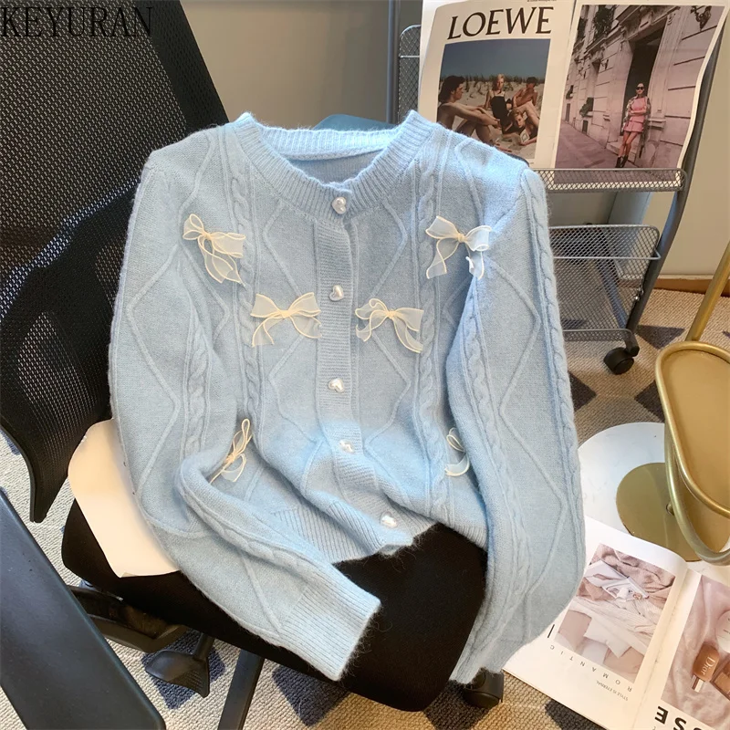 

2023 Autumn Love Button Bow Soft Sweaters for Women Knitted Cardigan Coat Vintage sweet Long Sleeve Knitwear Tops Female Jumpers