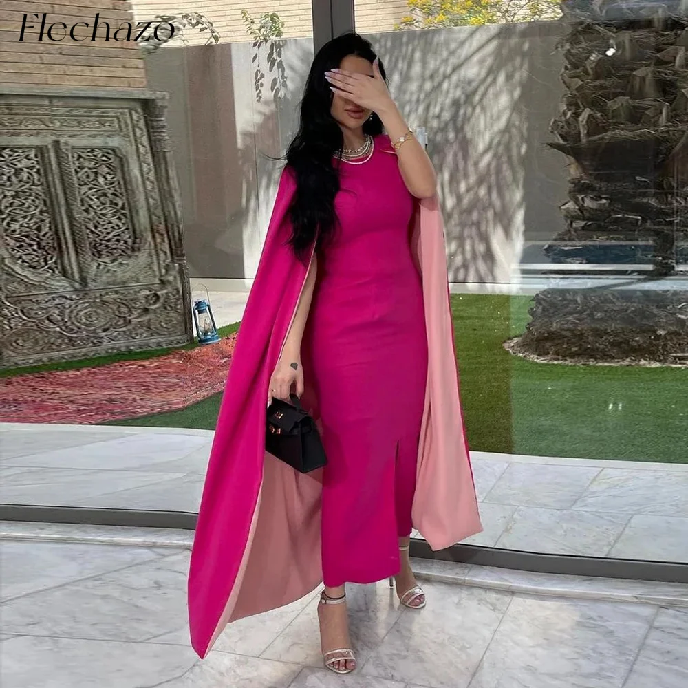 

Flechazo Fuchsia Evening Dresses O Neck Cape Ankle-Length Slit Saudi Elegant Special Party Dress For Women 2024 فساتين السهرة