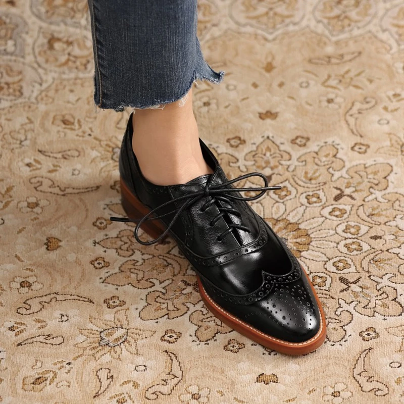 Women Oxford Shoes Spring/Autumn Women Shoes Genuine Leather for Brogues Vintage Lace up Casual Brown Handmade