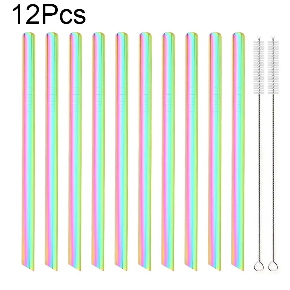 12Pcs Metal Drinking Straw Set Reusable 304 Straw Stainless Steel Straw Wide 12mm Pearl Milkshake Bubble Tea Straw With Brush