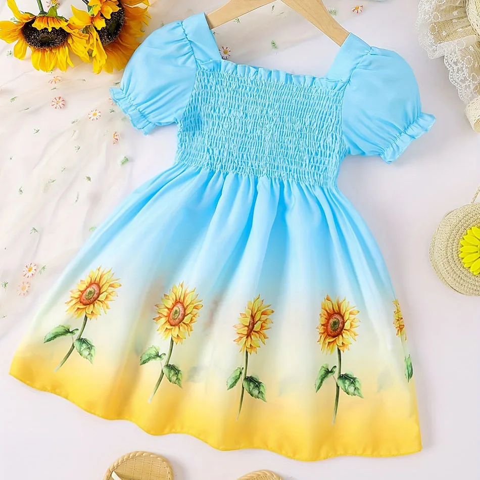 

Girls Trendy Gradient Sunflower Dress Bubble Sleeves Comfortable Chic Summer Girls Casual Dresses for Young Fashion Enthusiasts