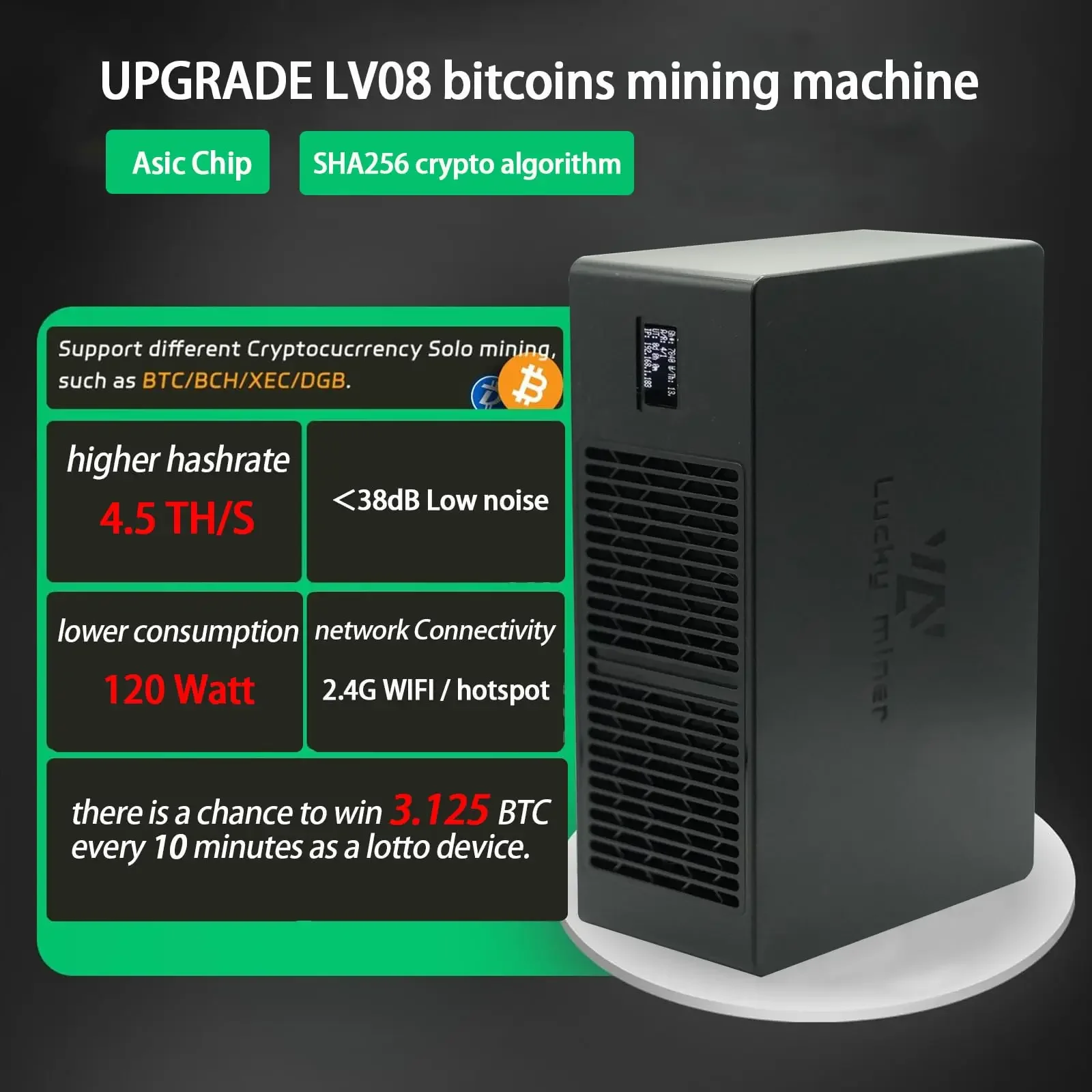 Bitcoins Miners Lucky Miner 4.5TH/S 2.4Gwifi Solo Miner LV08 SHA-256 Asic  Chip Low Noise Lottery Crypto Miners Cool - AliExpress