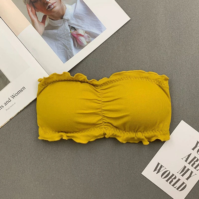 Women Lingerie Bra Ruffle Strapless Three Hook-and-eye Cotton Bra Crop Top Women Bra Invisible Beauty Back Off Shoulder Omighty Camisole