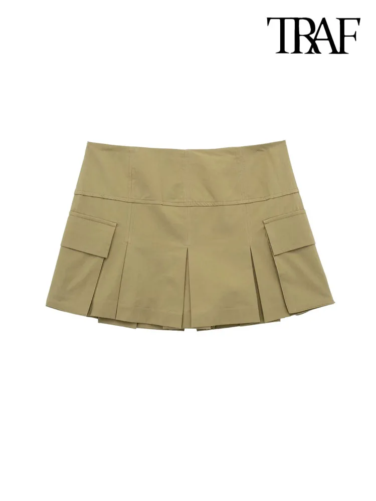 

TRAF Women Fashion Patch Pockets Pleated Shorts Skirts Vintage High Waist Back Zipper Female Skort Mujer