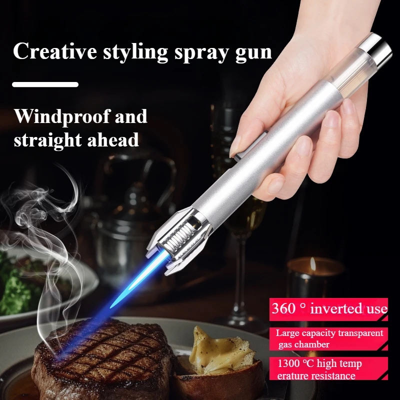 360 &deg; Use Flame Spray Gun Butane Lighter Outdoor Windproof Gas Lighter BBQ Welding Cigar Metal Torch Straight Blue Flame