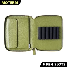  Moterm Genuine Leather Zippered Pen Pouch with 6 Pen Slots and a Snap Fastener Pocket Fountain Pen Case Marker Pen Holder 