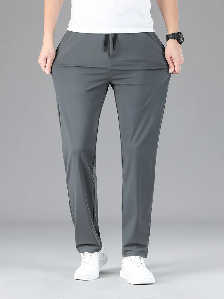 Men Clothing High Quality Casual Pants Summer Thin Ice Silk Straight Drawstring Elastic Waist Jogger Sweatpants Trousers Male 2