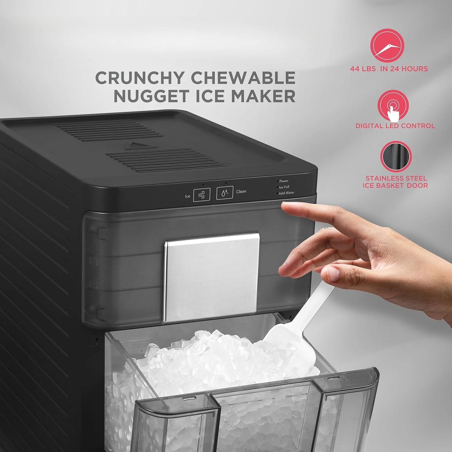 Gallery Countertop Crunchy Chewable Nugget Ice Maker,44lbs per Day, Auto Self Cleaning, 2.0 Gen,Black16.75"D x 11.75"W x 20.25"H 4