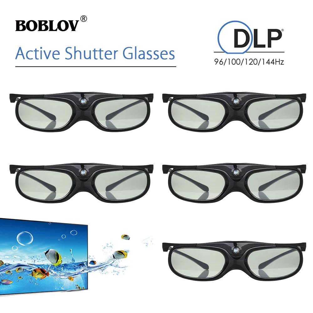 5pcs BOBLOV Active Shutter 3D Glasses DLP-Link USB Blue Compatible