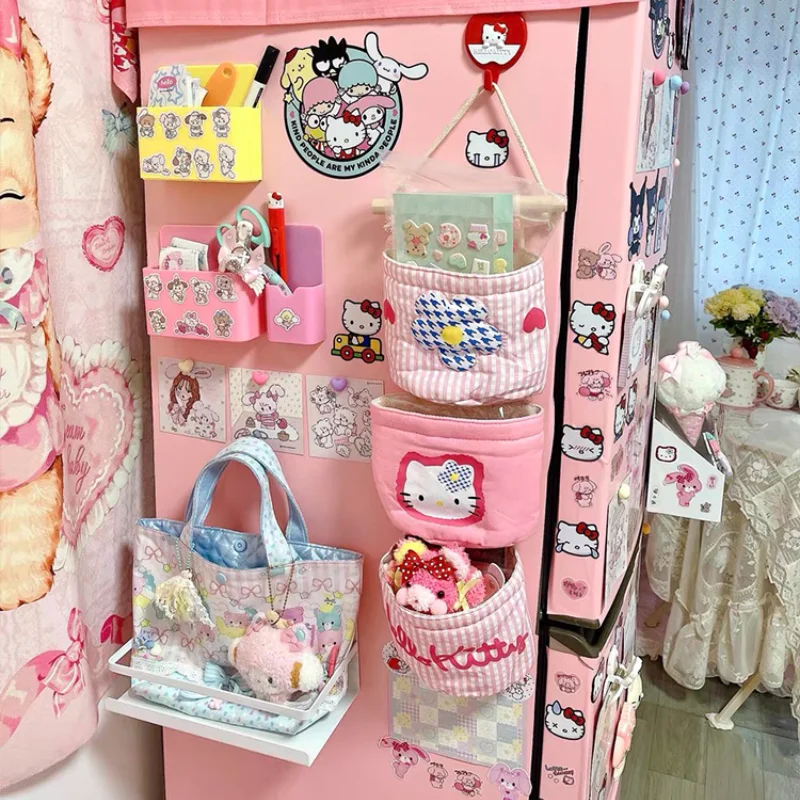 Sanrio Hello Kitty Door Storage Hanging Bag Wall Fabric Hanging Hairpin Sundries Storage Rack Layered Jewelry Organizer Box Cute 2
