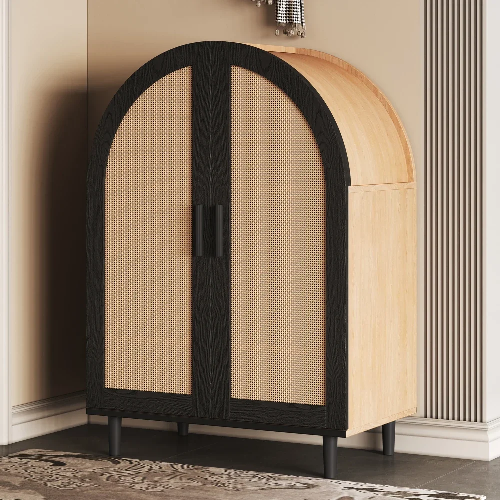 Modernes, elegantes Sideboard/Schuhschrank mit abgerundeten Außentüren, gebrochenen Rattantüren und drei Regalen, geeignet für das Wohnzimmer zu Hause – Detail 1