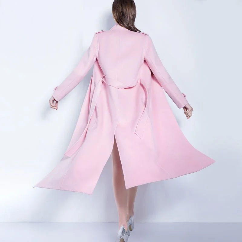 2023 New Fashion Office Lady Temperament Pink Autumn/Winter Coat Women's Long Knee Slim Fit Waist Slim Woolen Coat