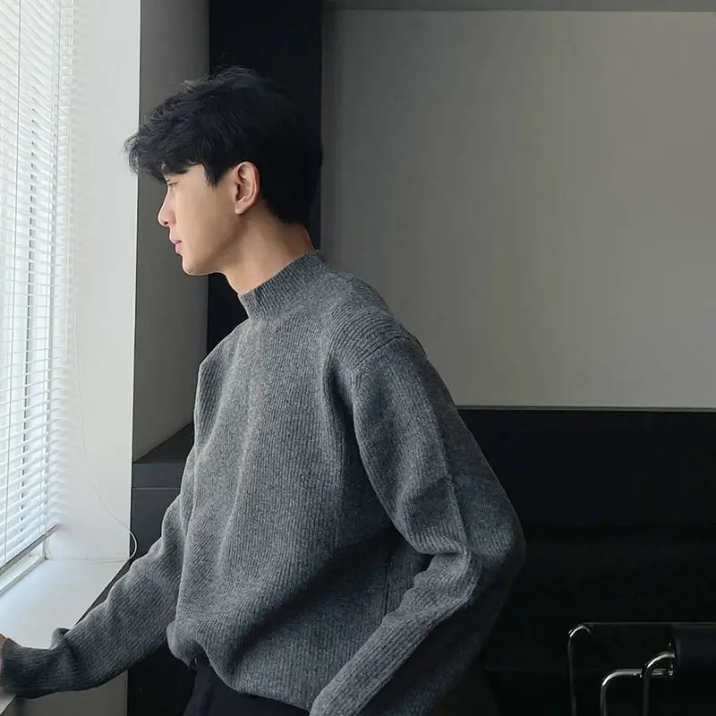Autumn Winter Fashion Half High Collar Long Sleeve Solid Pullovers Men's Clothing Korean Bottoming Shirt All-match Knitting Tops 5