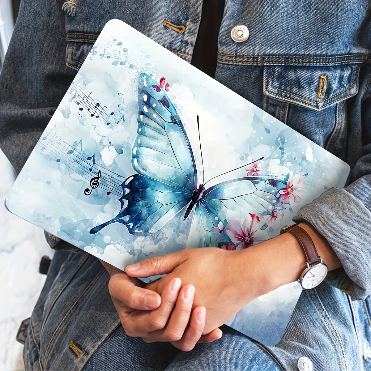 2팩 나비 패턴 노트북 스티커 케이스, 범용 라이트 베이지 방수 스크래치 방지 스티커 - 방수, 스크래치 방지