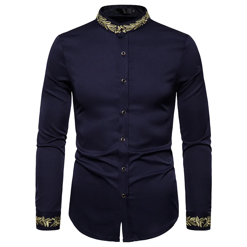 Embroidery Shirt Men Long Sleeve Dress Shirts Stand Collar Casual Button Down Vintage Chemise Homme Camisetas Hombre long sleeve shirt men casual shirt