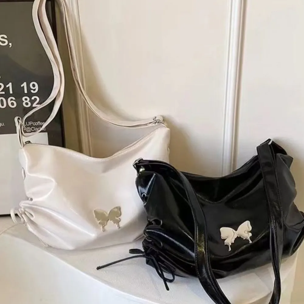 JIAERDI Hot Girls Black Shoulder Bags Women Sweet Cool Leather Bow Butterfly Chic Y2k Handbag Female Vintage Messenger Bag Purse