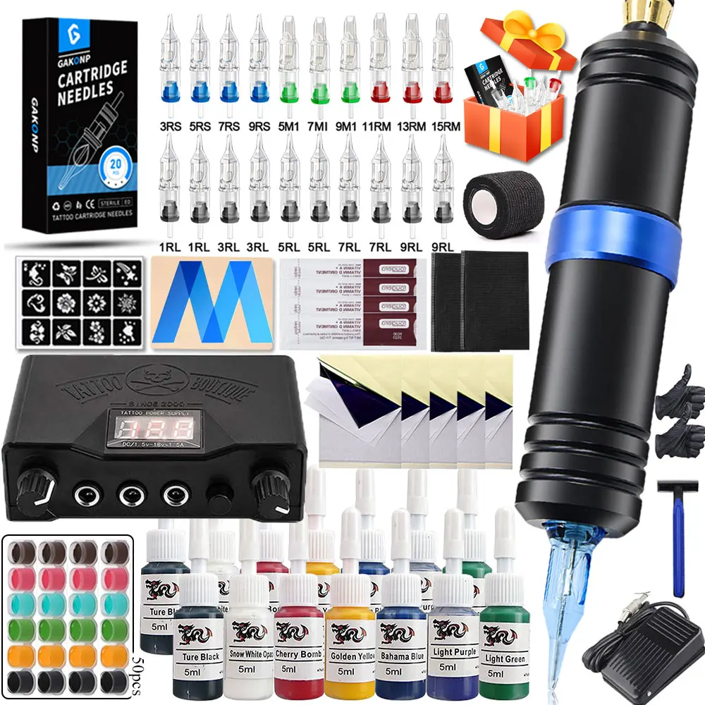 

Tattoo Kit Complete Set Rotary Tattoo Machine Pen Kit RCA Interface with Tattoo Power Supply Foot Pedal Cartridge Needles Ink