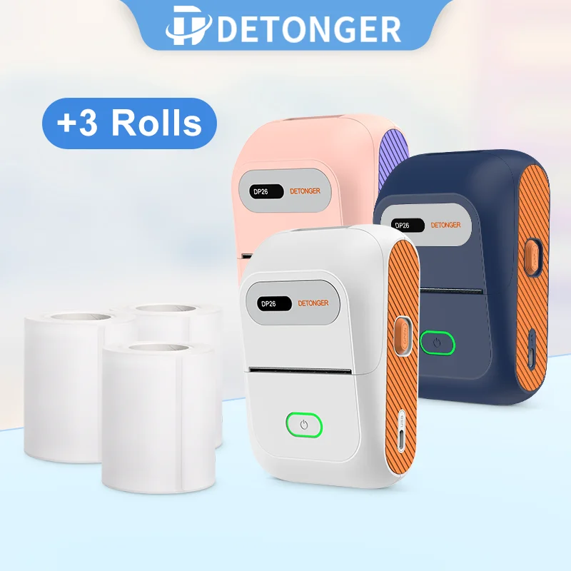 DETONGER DP26 열전사 라벨 프린터 및 3 롤 접착 용지, 휴대용 무선..