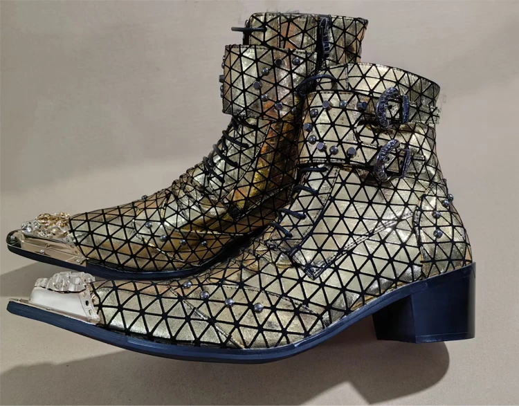 Herrenstiefel aus echtem Rindsleder mit Dreiecksmuster, Nietenverzierung, luxuriöses, individuell gestaltetes Schuhwerk für Geschäftspartys und gesellschaftliche Anlässe – Detail 3