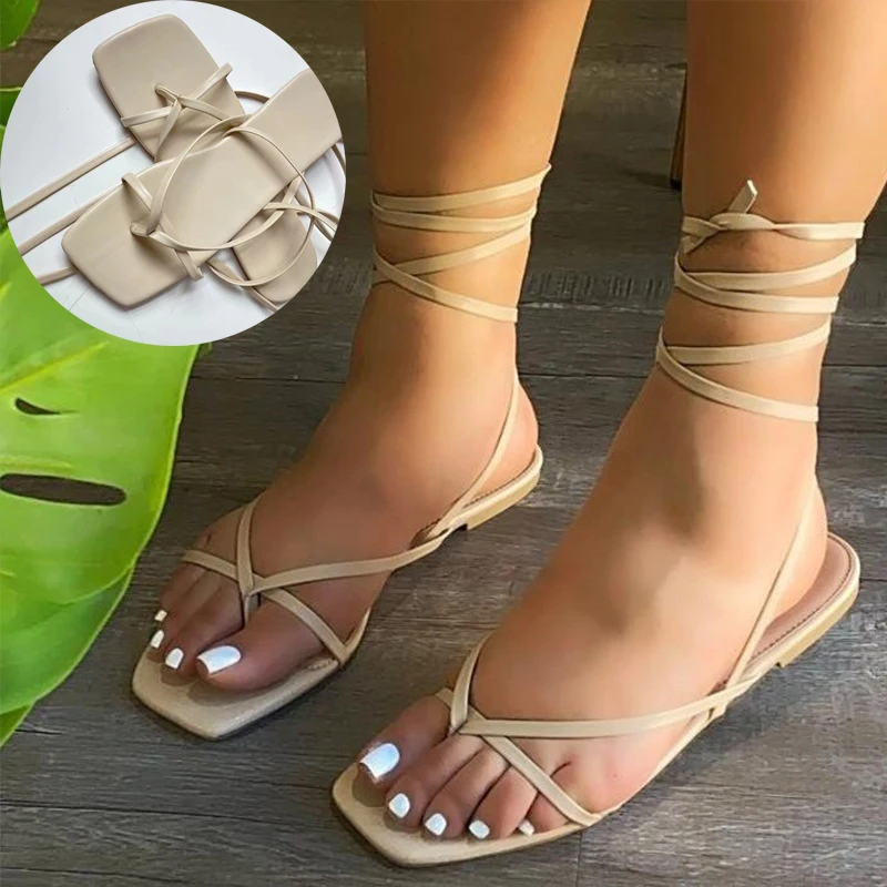 Women's Lace-Up Sandals Flat Sandals for Women 2022 Summer Woman Flats Heel Women's Fashion Cross Strap Sandalias Shoes