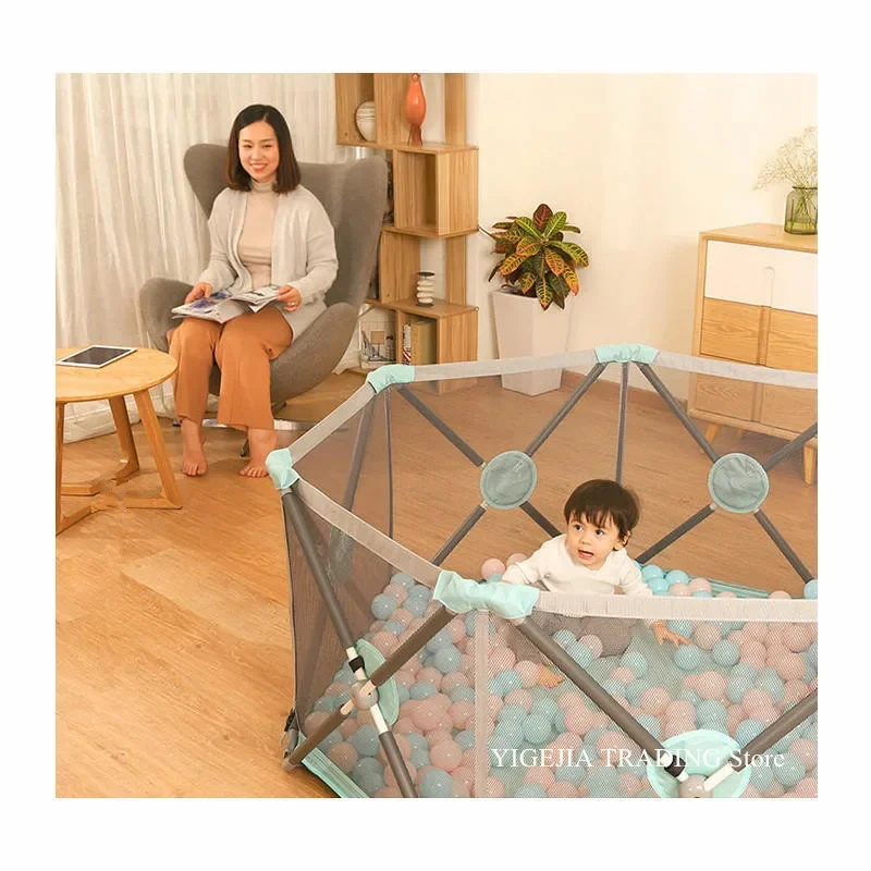 2 in 1 Baby Safety Fence & Swimming Pool, Indoor Outdoor Foldable Toddler Play Bed, 6-Panel Portable Kids Yard